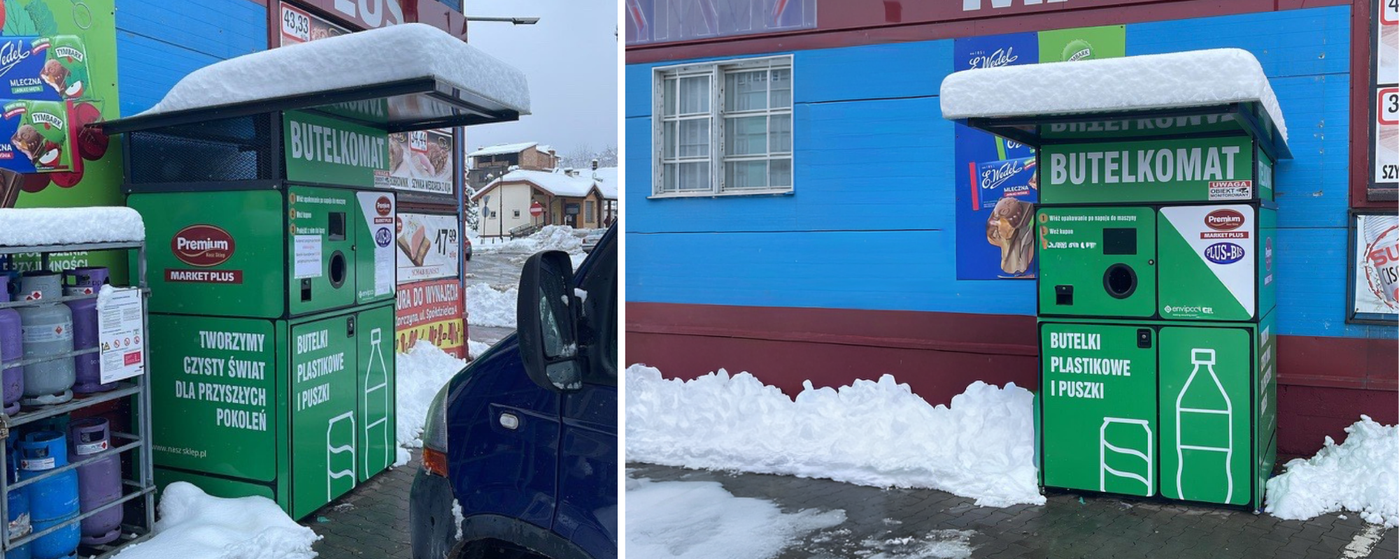 Envipco Optima reverse vending machine with a snow covered protective weather canopy standing outside of a polish convenience store